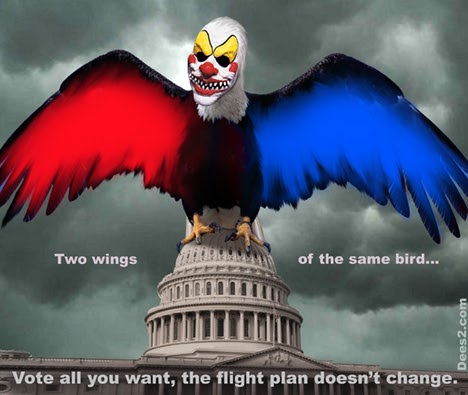 Joker eagle with a red wing and a blue wing perched on the Washington capital dome